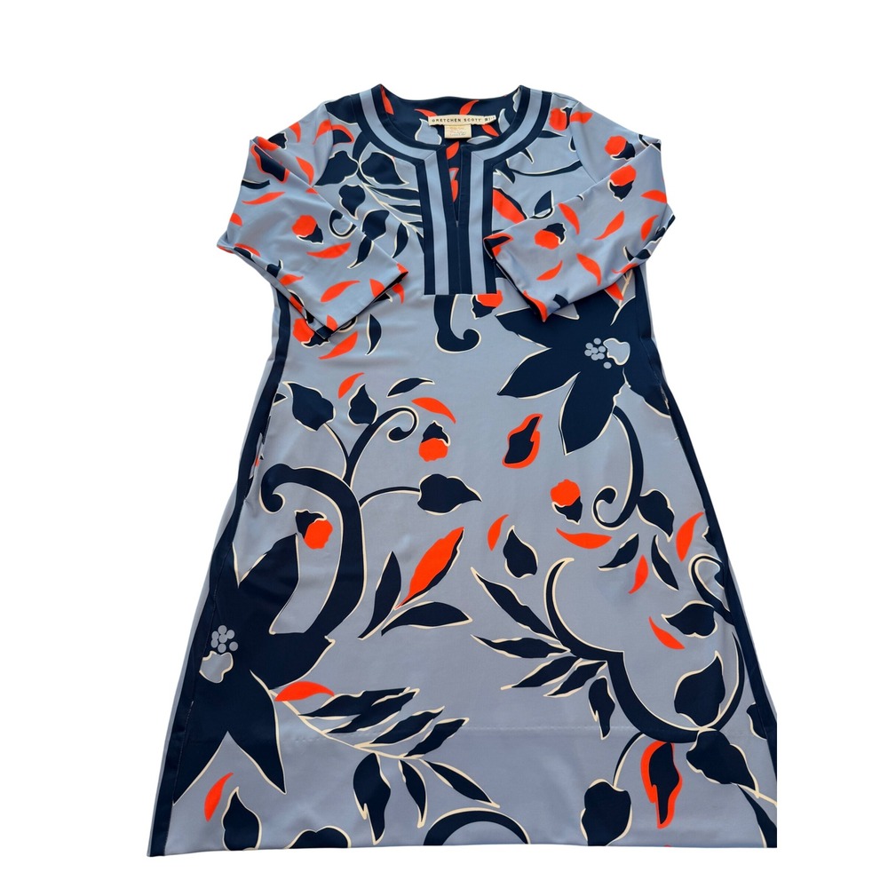 Gretchen Scott Blue Orange Floral Tunic Shift Dress Pockets Womens Medium